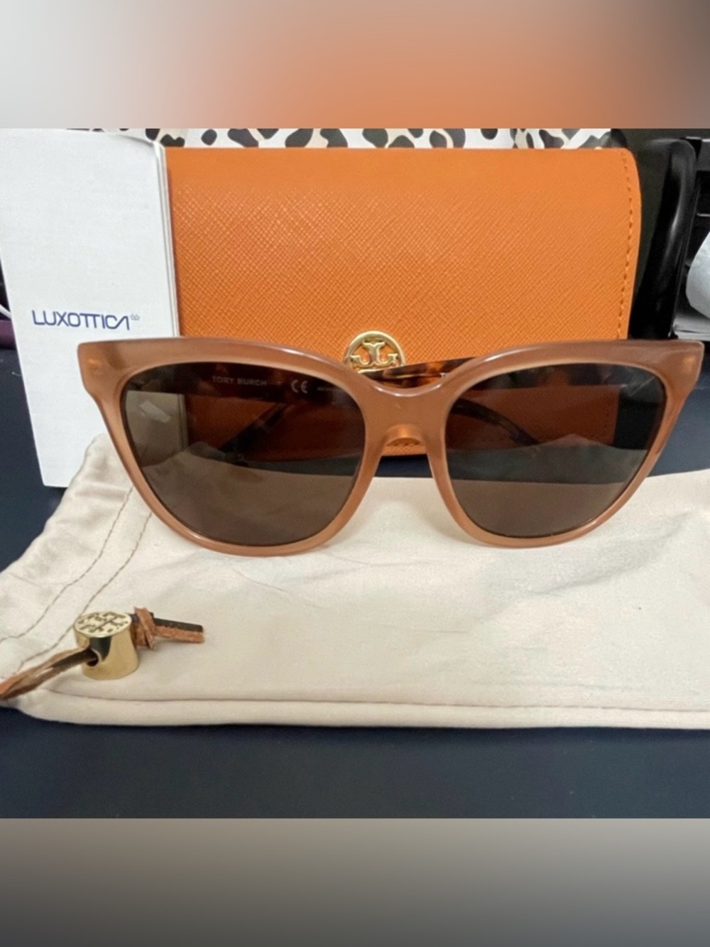 Tory Burch Rose and Tortoise Dark Havana Square Cat eye Sunglasses
